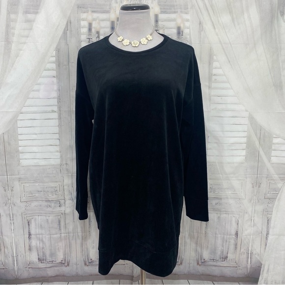NEW Eileen Fisher Size S Small Crew Neck Side Slit Boxy Tunic Top Black Velour - Picture 2 of 11
